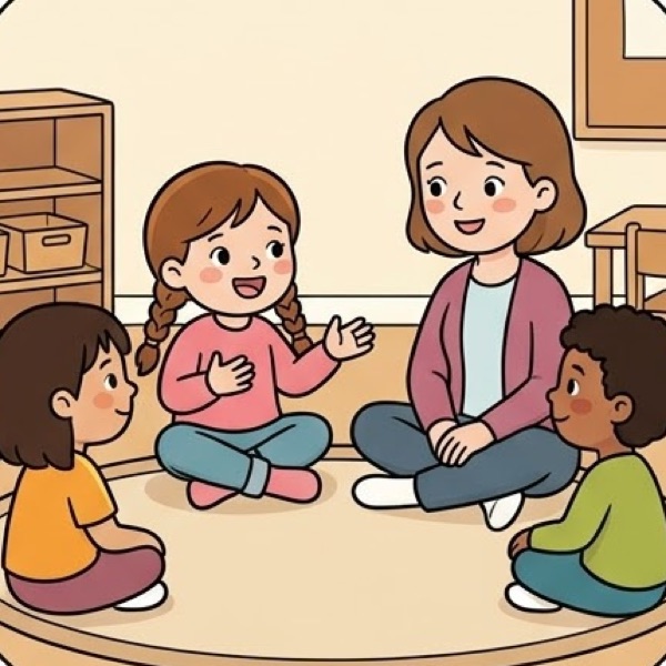 Kinder sitzen mit ihrer Lehrerin im Gesprächskreis