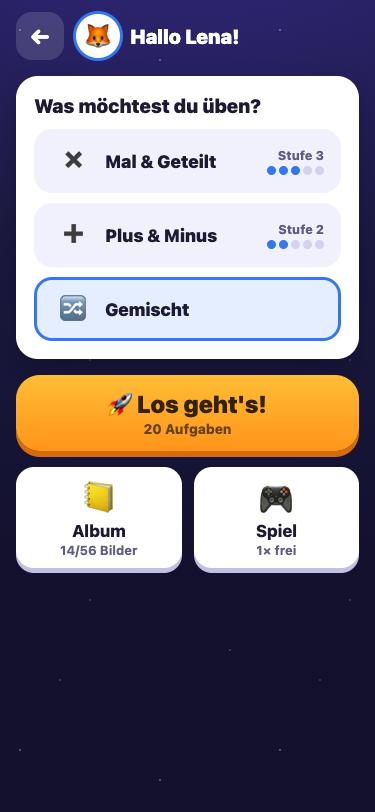 Startbildschirm der App Rechenraumschiff